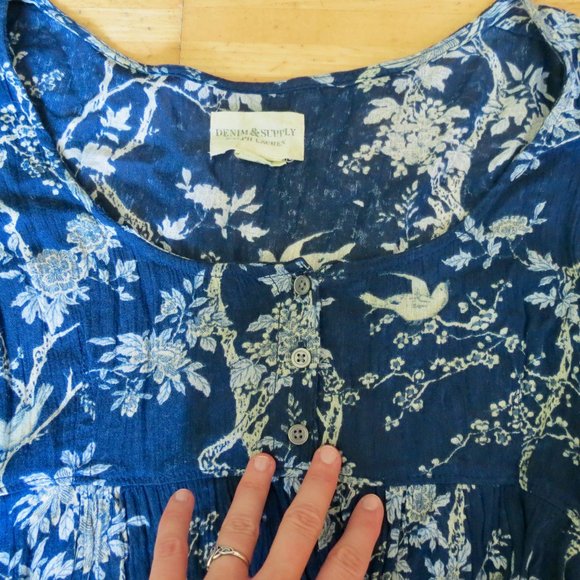 RALPH LAUREN blue floral bird tunic top mini dress XS 2/4 - Picture 2 of 3